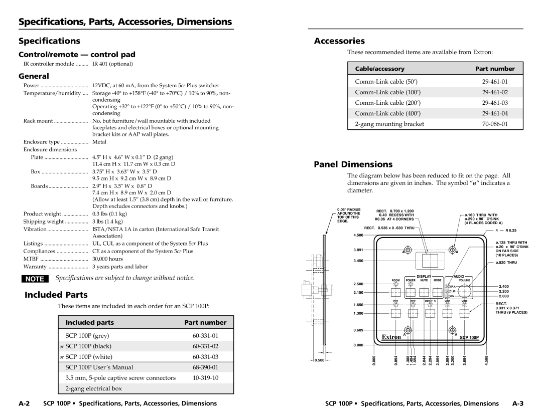 Extron electronic SCP 100P user manual Specifications, Accessories, Panel Dimensions, Included Parts 