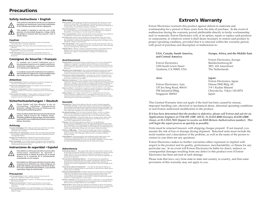 Extron electronic SCP 100P user manual Precautions 