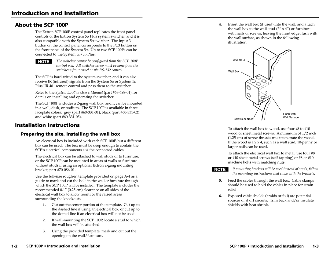 Extron electronic SCP 100P user manual Installation Instructions, Preparing the site, installing the wall box 