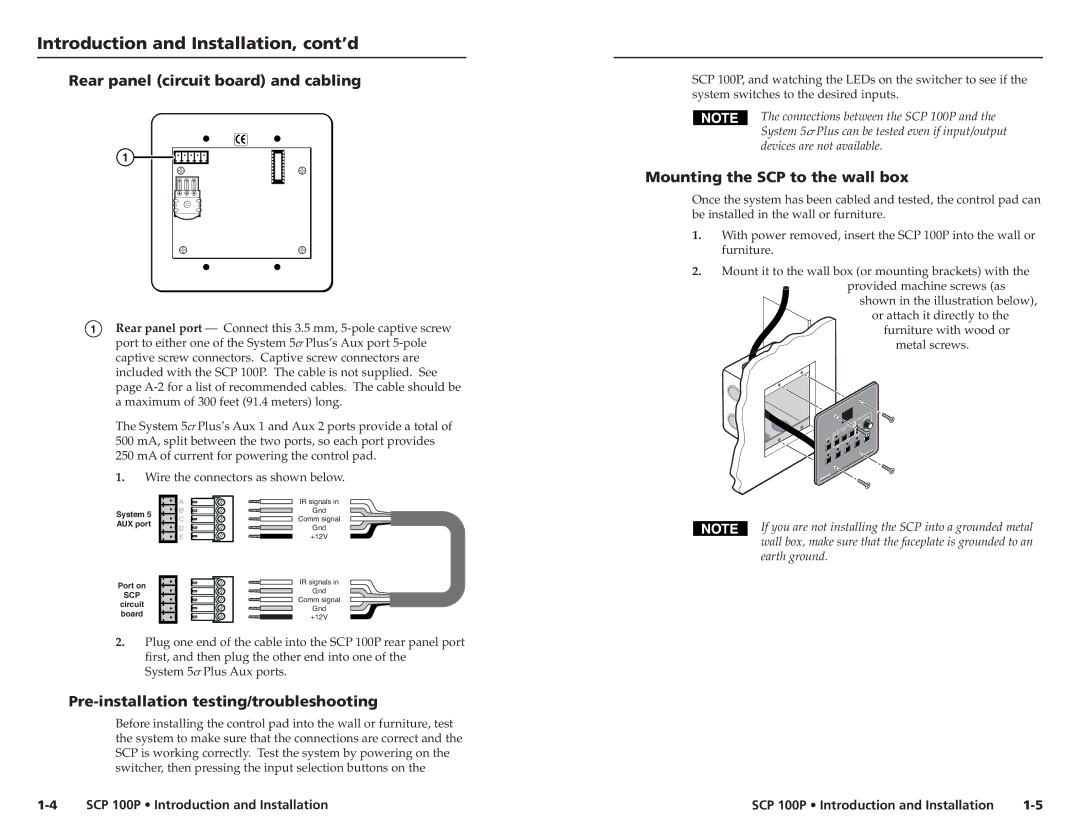 Extron electronic SCP 100P user manual Introduction and Installation, cont’d, Rear panel circuit board and cabling 