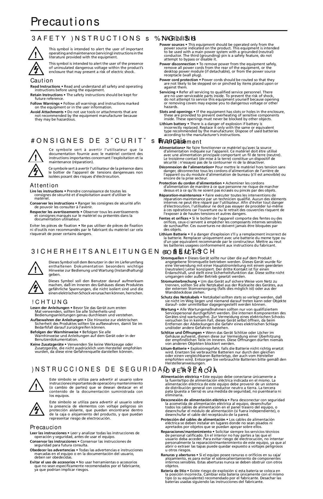 Extron electronic SCP 104, SCP 226 manual Precautions 