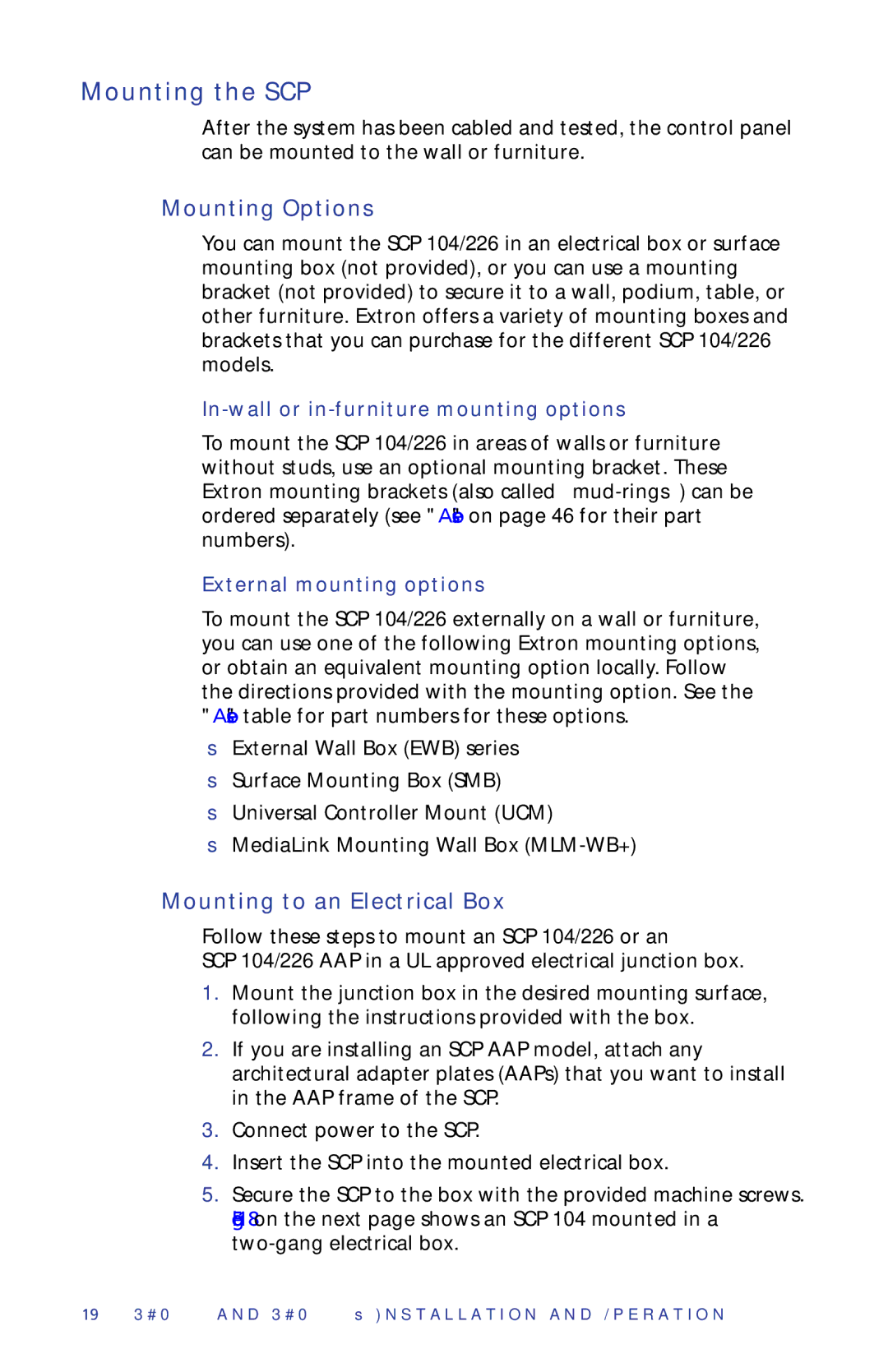 Extron electronic SCP 226 Mounting the SCP, Mounting Options, Mounting to an Electrical Box, External mounting options 