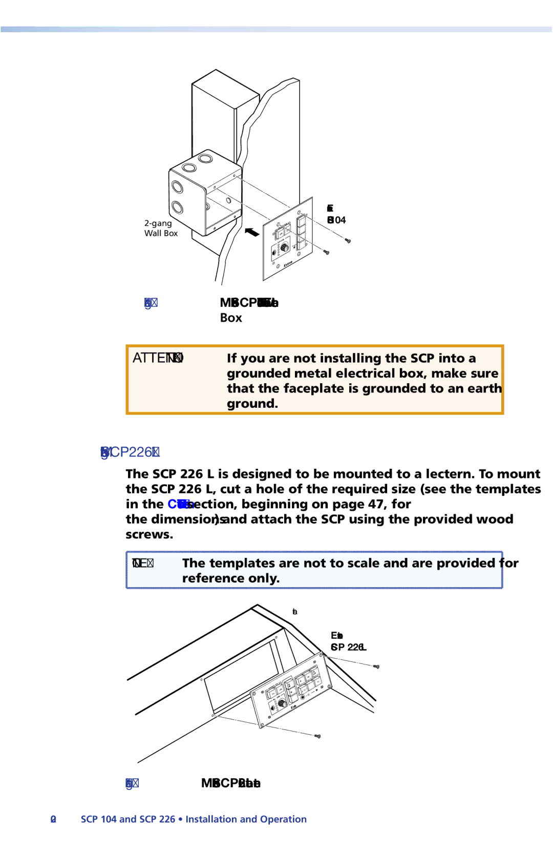 Extron electronic manual Mounting to a Lectern SCP 226 L, Mounting an SCP 104 in a Two-gang Electrical Box 