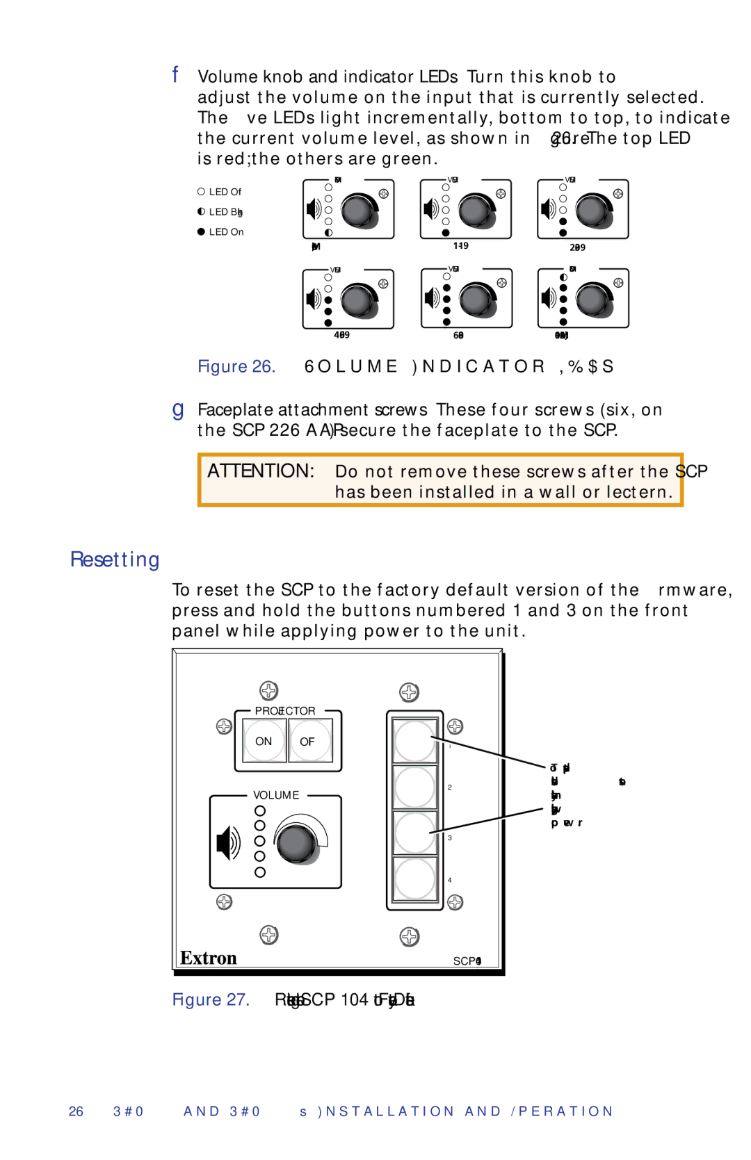 Extron electronic SCP 104, SCP 226 manual Resetting, Volume Indicator LEDs 