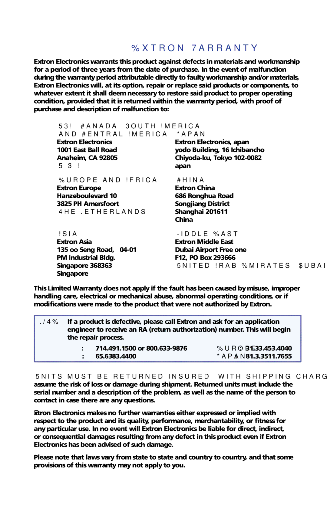 Extron electronic SCP 226, SCP 104 manual Extron Warranty, USA, Canada, South America Central America Japan 