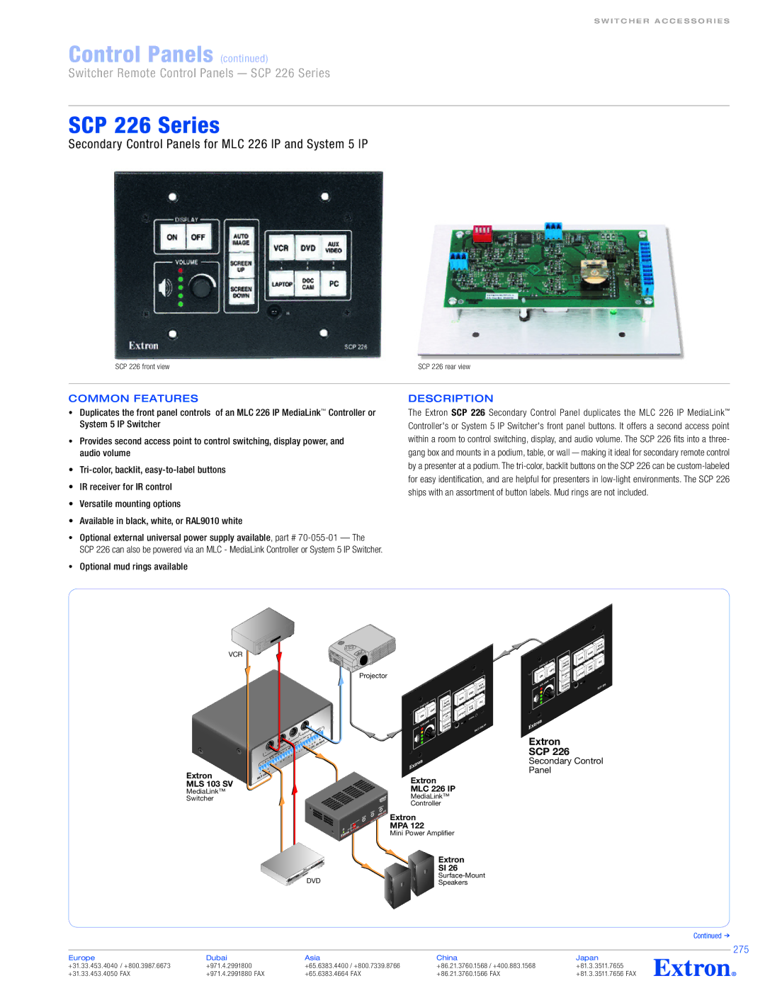 Extron electronic SCP 104 Series SCP 226 Series, Secondary Control Panels for MLC 226 IP and System 5 IP, 275 