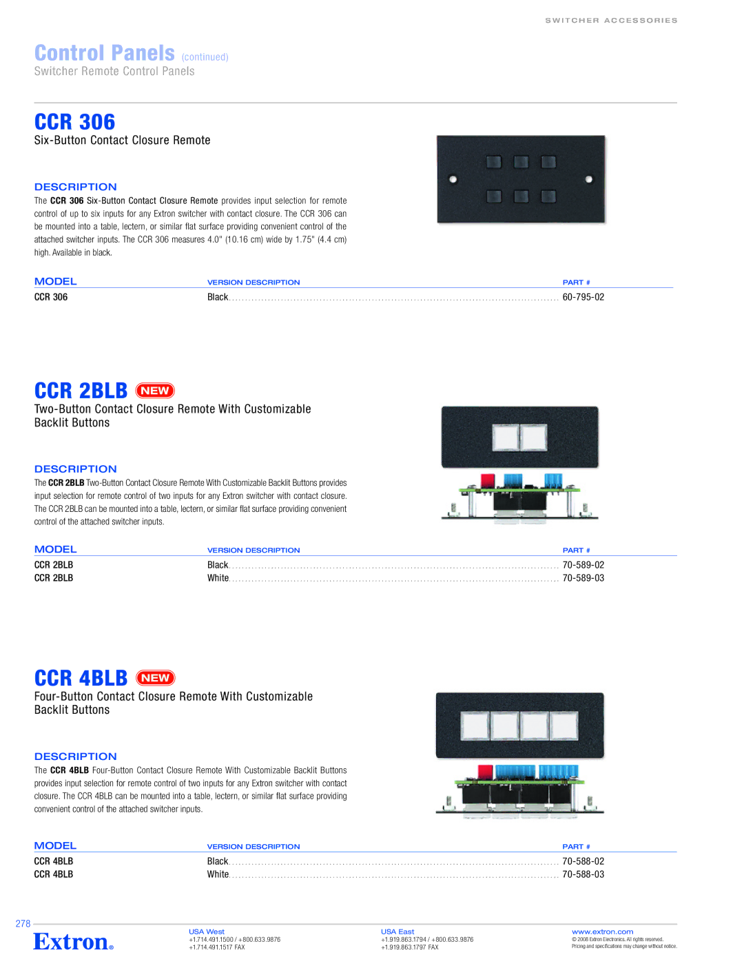 Extron electronic SCP 104 Series specifications CCR 2BLB, CCR 4BLB, Six-Button Contact Closure Remote, 60-795-02, 278 