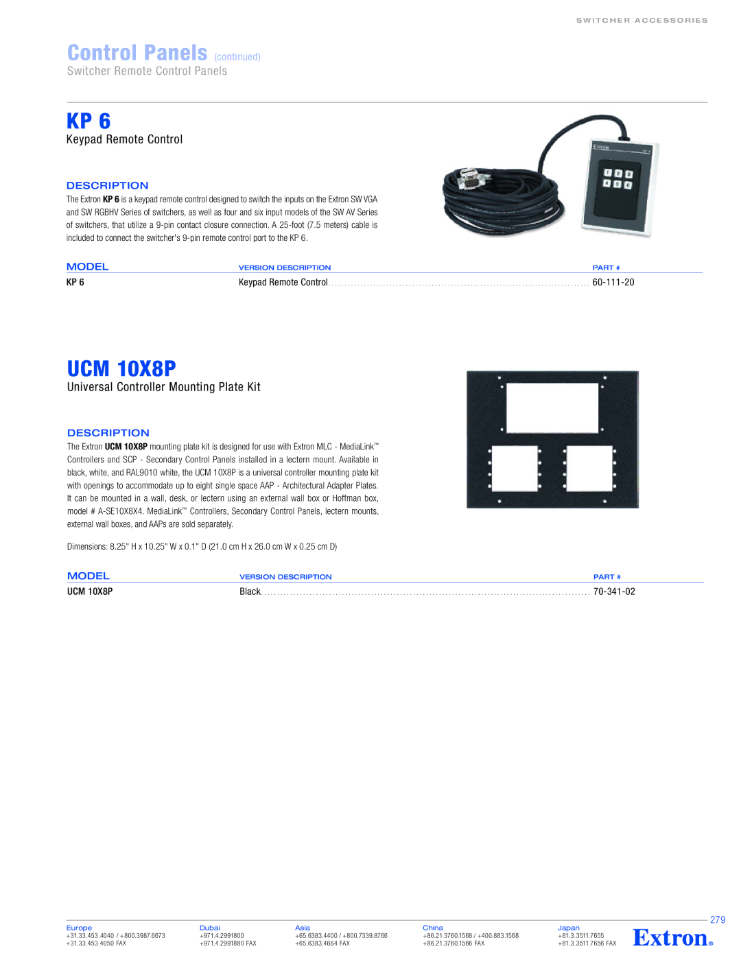 Extron electronic SCP 104 Series specifications UCM 10X8P, Keypad Remote Control, Universal Controller Mounting Plate Kit 