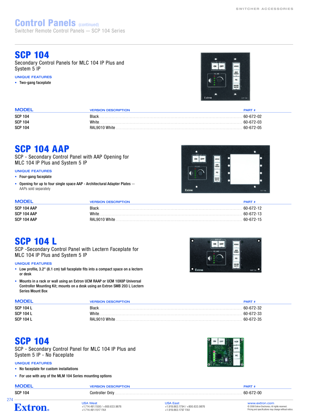Extron electronic SCP 104 Series Control Panels continued, SCP 104 AAP, SCP 104 L, MLC 104 IP Plus and System 5 IP, Model 