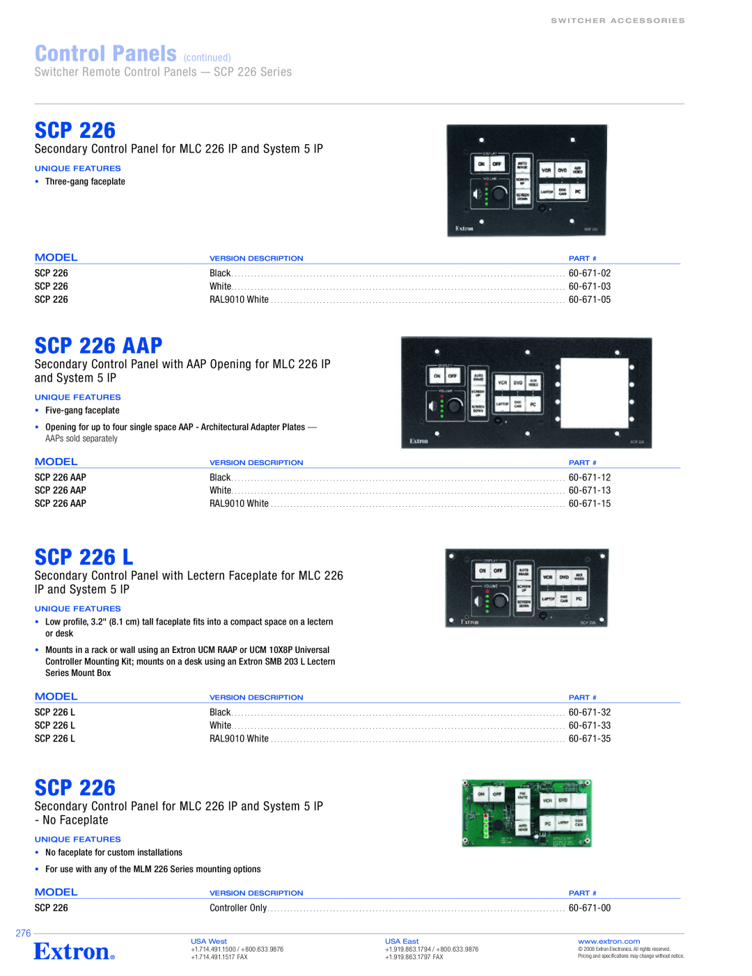 Extron electronic SCP 104 Series SCP 226 AAP, SCP 226 L, Secondary Control Panel for MLC 226 IP and System 5 IP, 60-671-00 