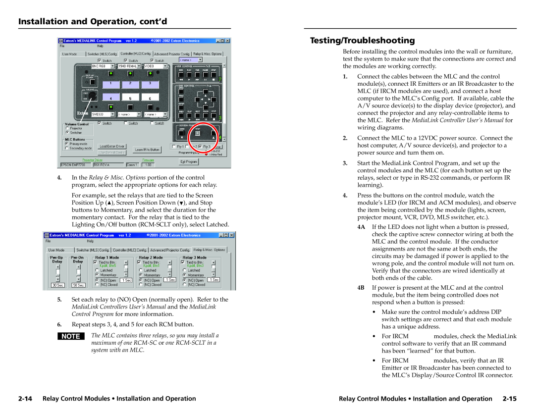 Extron electronic SCP 150 AAP user manual Testing/Troubleshooting, Relay Control Modules Installation and Operation 
