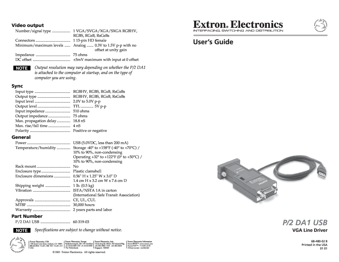 Extron electronic SCP 150 specifications Video output, Sync, General, Part Number, VGA Line Driver, P/2 DA1 USB 