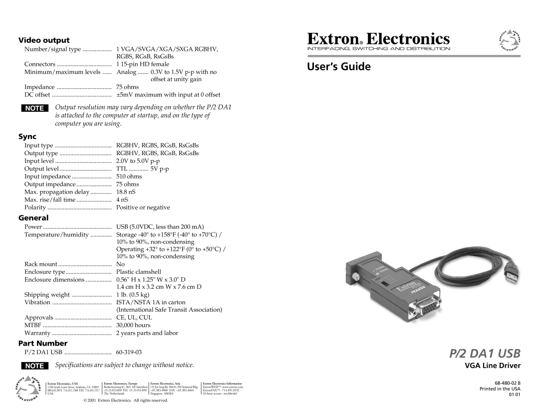 Extron electronic SCP 150 specifications Video output, Sync, General, Part Number, VGA Line Driver 