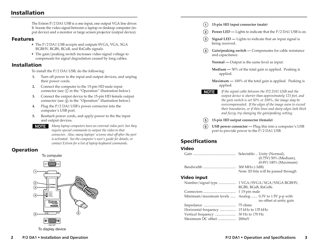 Extron electronic SCP 150 specifications Features, Installation, Operation, Specifications 