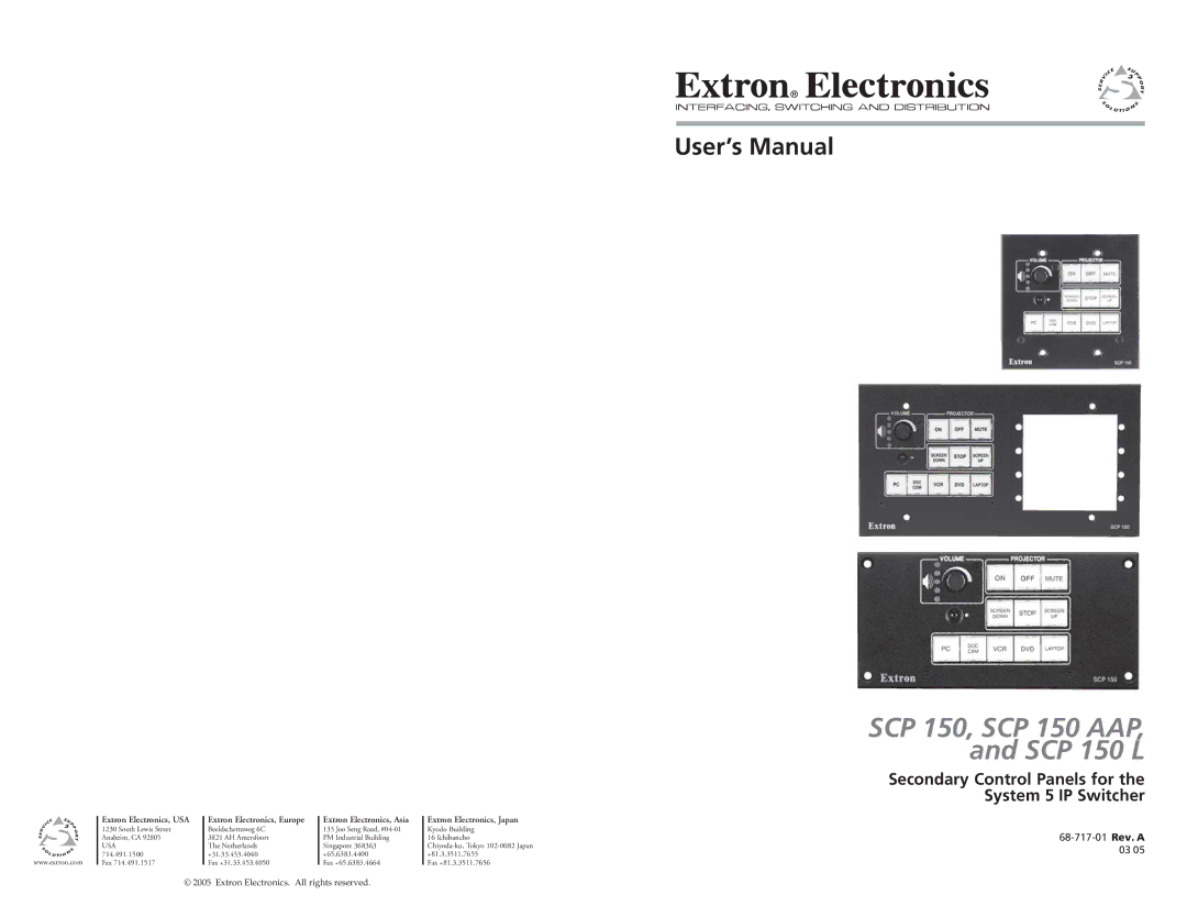 Extron electronic SCP 150L user manual User’s Manual, Secondary Control Panels for the System 5 IP Switcher 