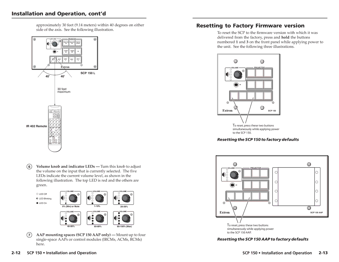 Extron electronic SCP 150L user manual Resetting to Factory Firmware version, Resetting the SCP 150 to factory defaults 