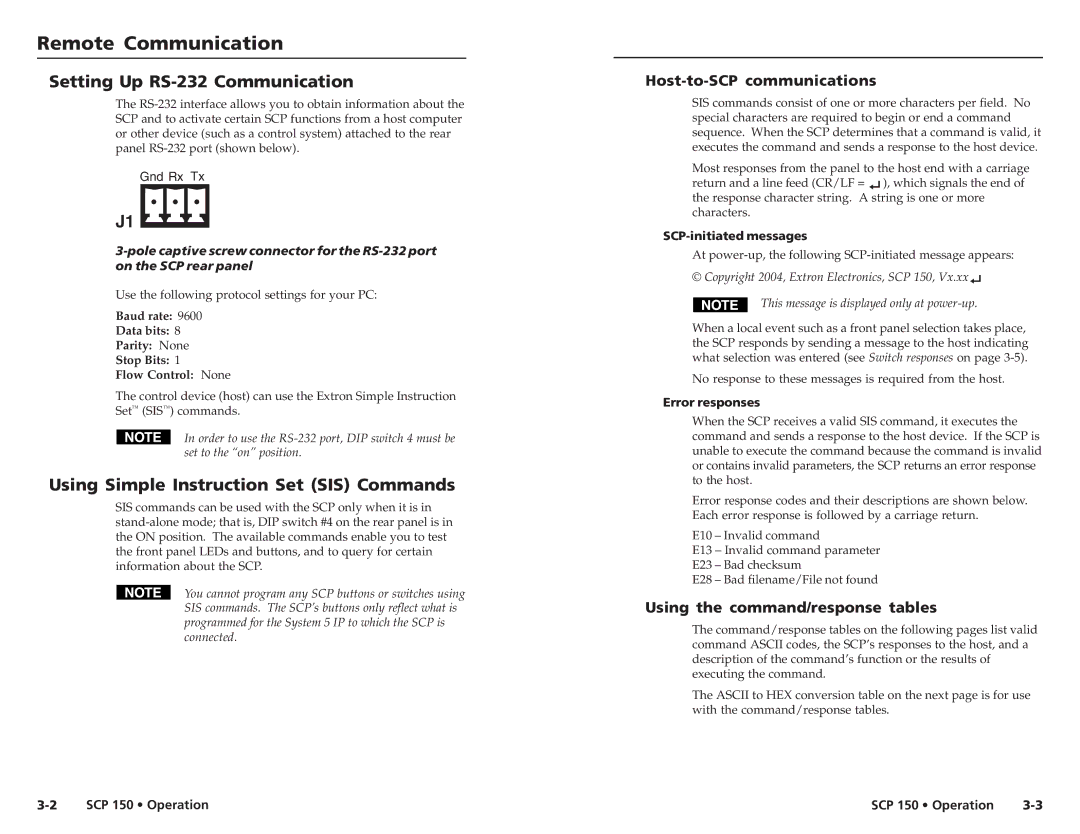 Extron electronic SCP 150L user manual Remote Communication, Setting Up RS-232 Communication, Host-to-SCP communications 