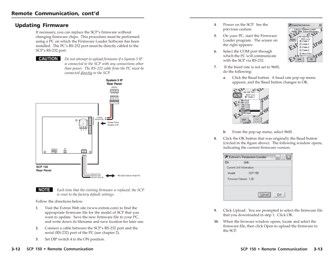 Extron electronic SCP 150L user manual Remote Communication, cont’d Updating Firmware 