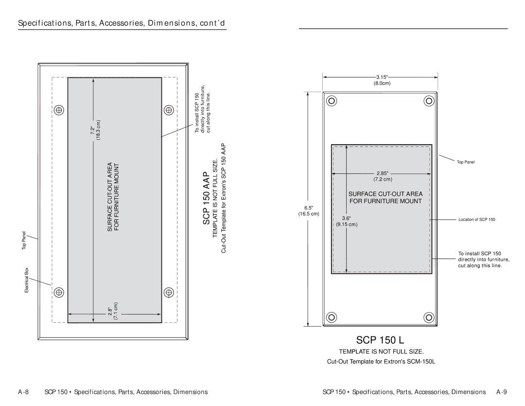 Extron electronic SCP 150L user manual SCP 150 L, SCP 150 Specifications, Parts, Accessories, Dimensions A-9 