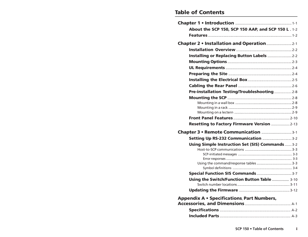 Extron electronic SCP 150L user manual Table of Contents 