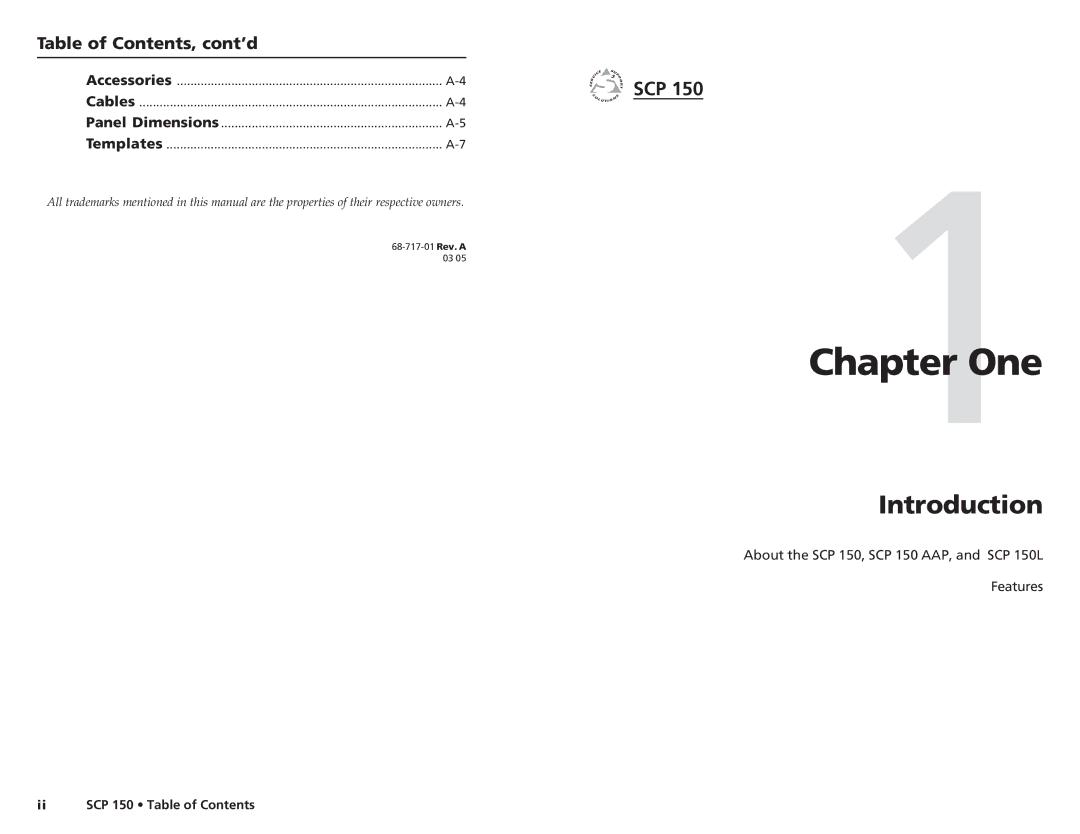 Extron electronic SCP 150L user manual Introduction, Table of Contents, cont’d, Scp, Ii SCP 150 Table of Contents 