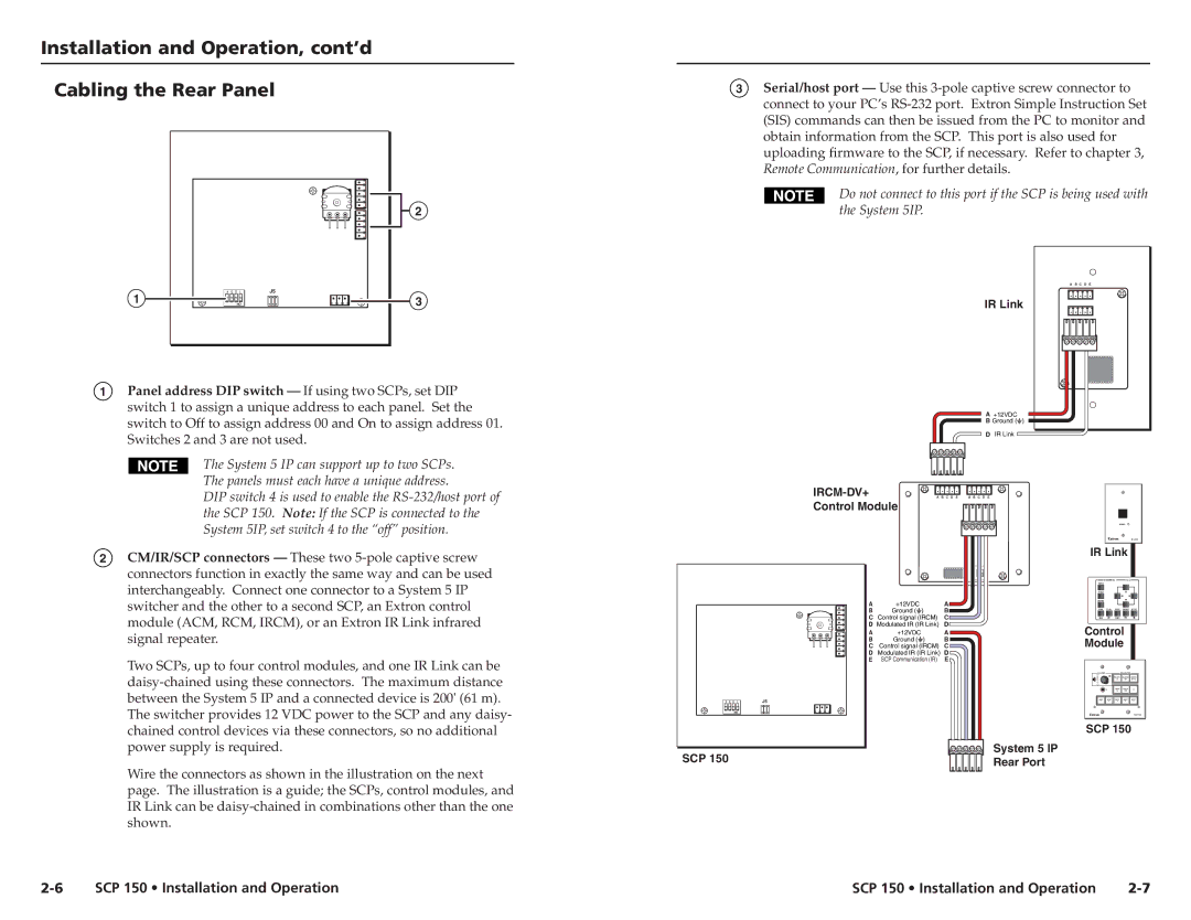 Extron electronic SCP 150L user manual Installation and Operation, cont’d Cabling the Rear Panel, Ircm-Dv+ 