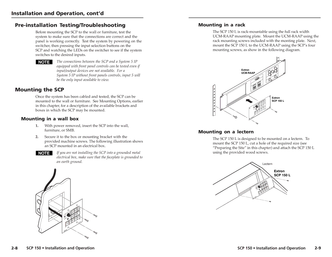 Extron electronic SCP 150L user manual Mounting the SCP, Mounting in a wall box, Mounting in a rack, Mounting on a lectern 