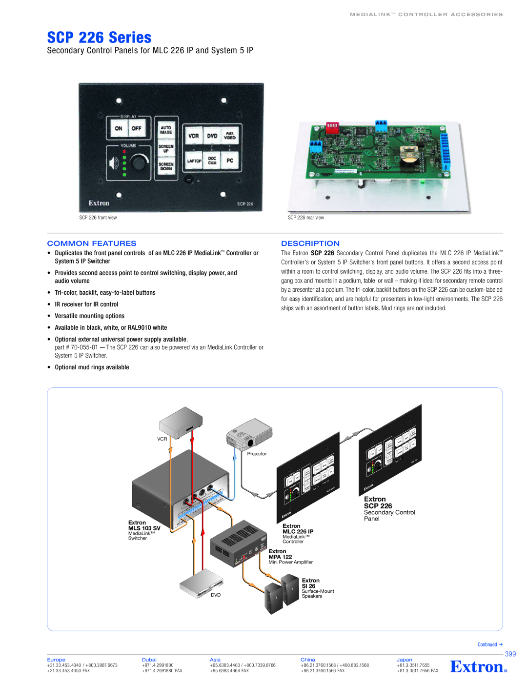 Extron electronic SCP 226 Series specifications Common Features, 399, SCP 226 front view 