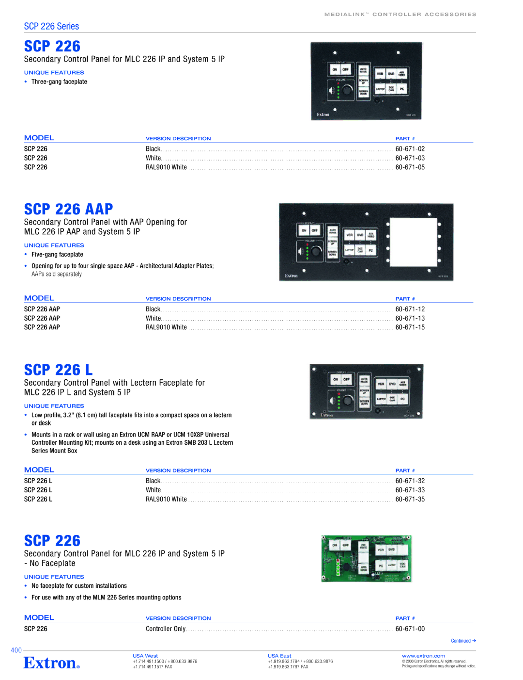 Extron electronic SCP 226 Series specifications Scp, SCP 226 L, Model, 60-671-00 