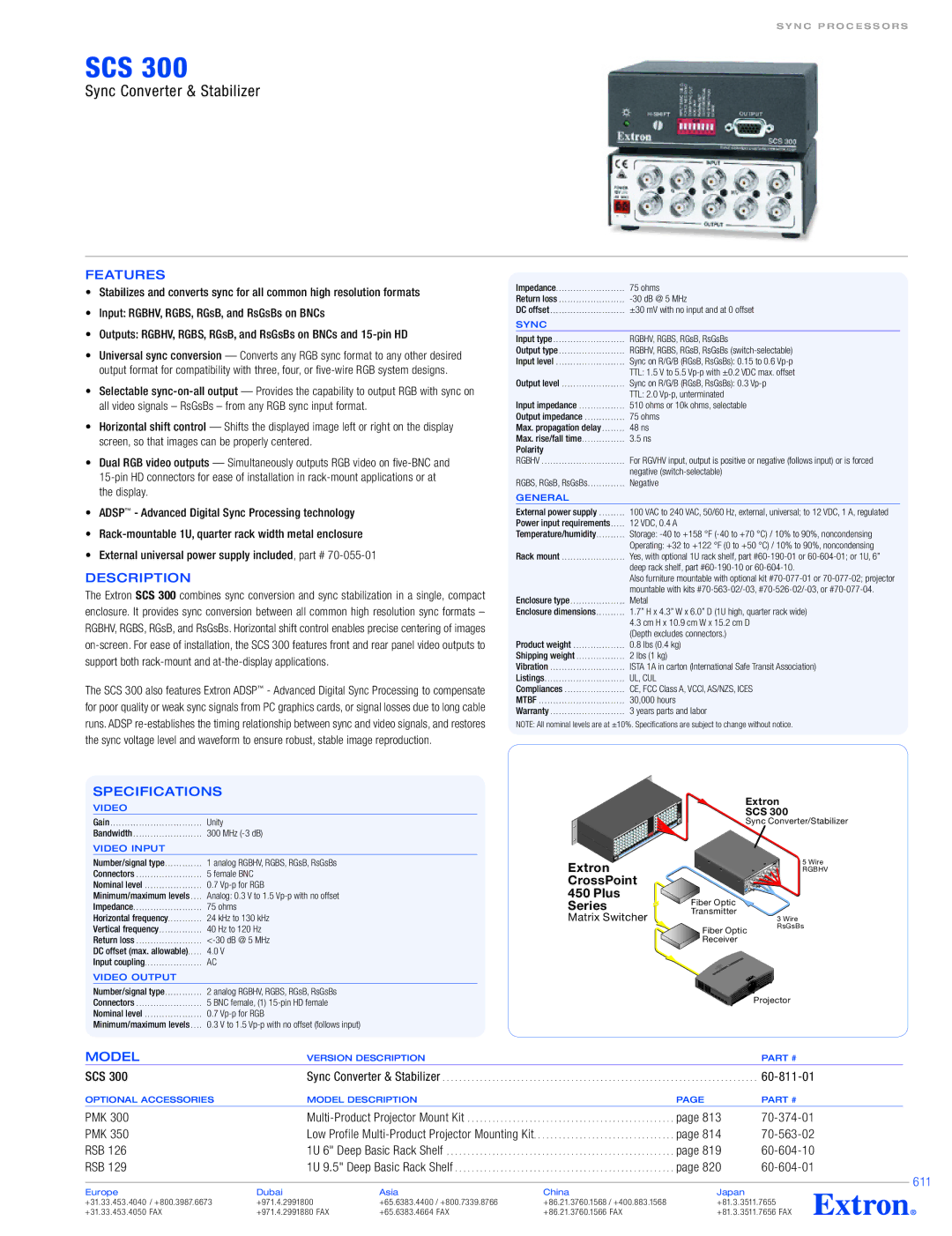 Extron electronic SCS 300 specifications Features, Description, Specifications, Model, 611 