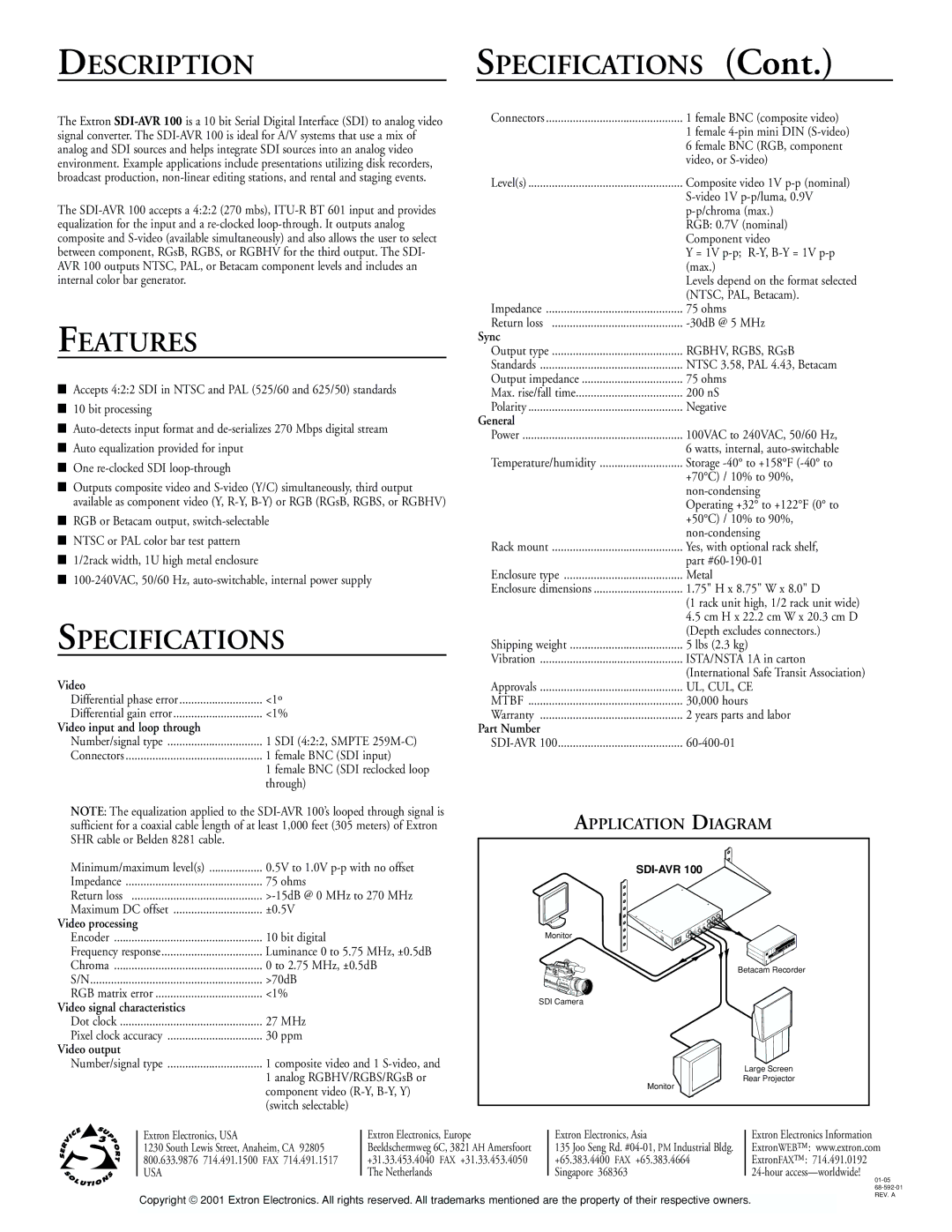 Extron electronic SDI-AVR 100 manual Description, Features, Specifications 