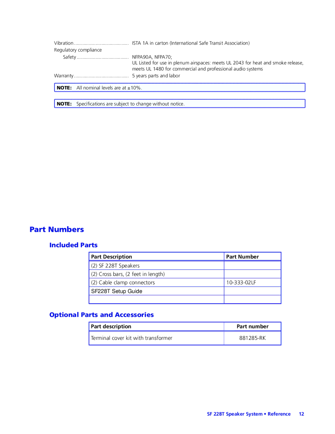 Extron electronic SF 228T manual Part Numbers, NFPA90A, NFPA70 