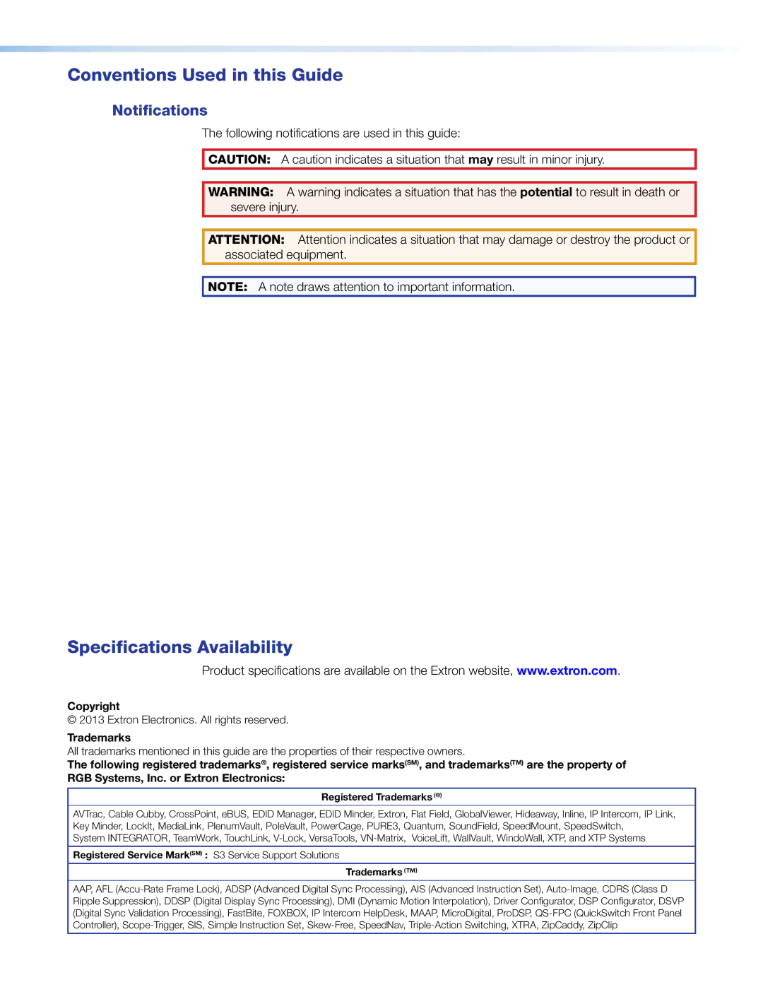 Extron electronic SF 26X manual Conventions Used in this Guide, Specifications Availability 