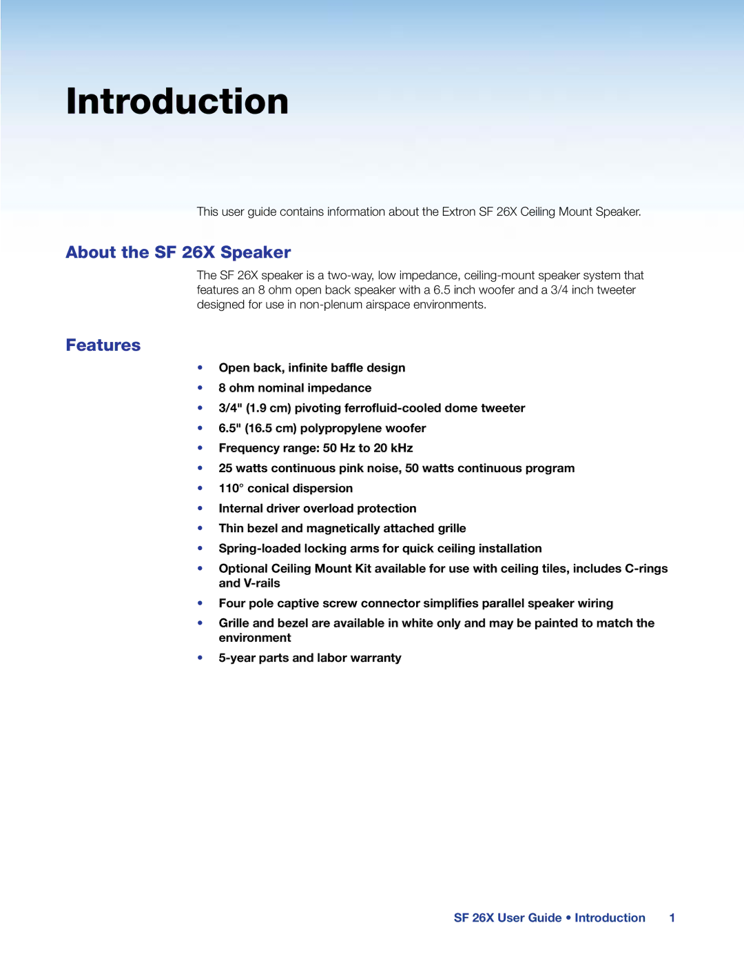 Extron electronic manual About the SF 26X Speaker, Features 