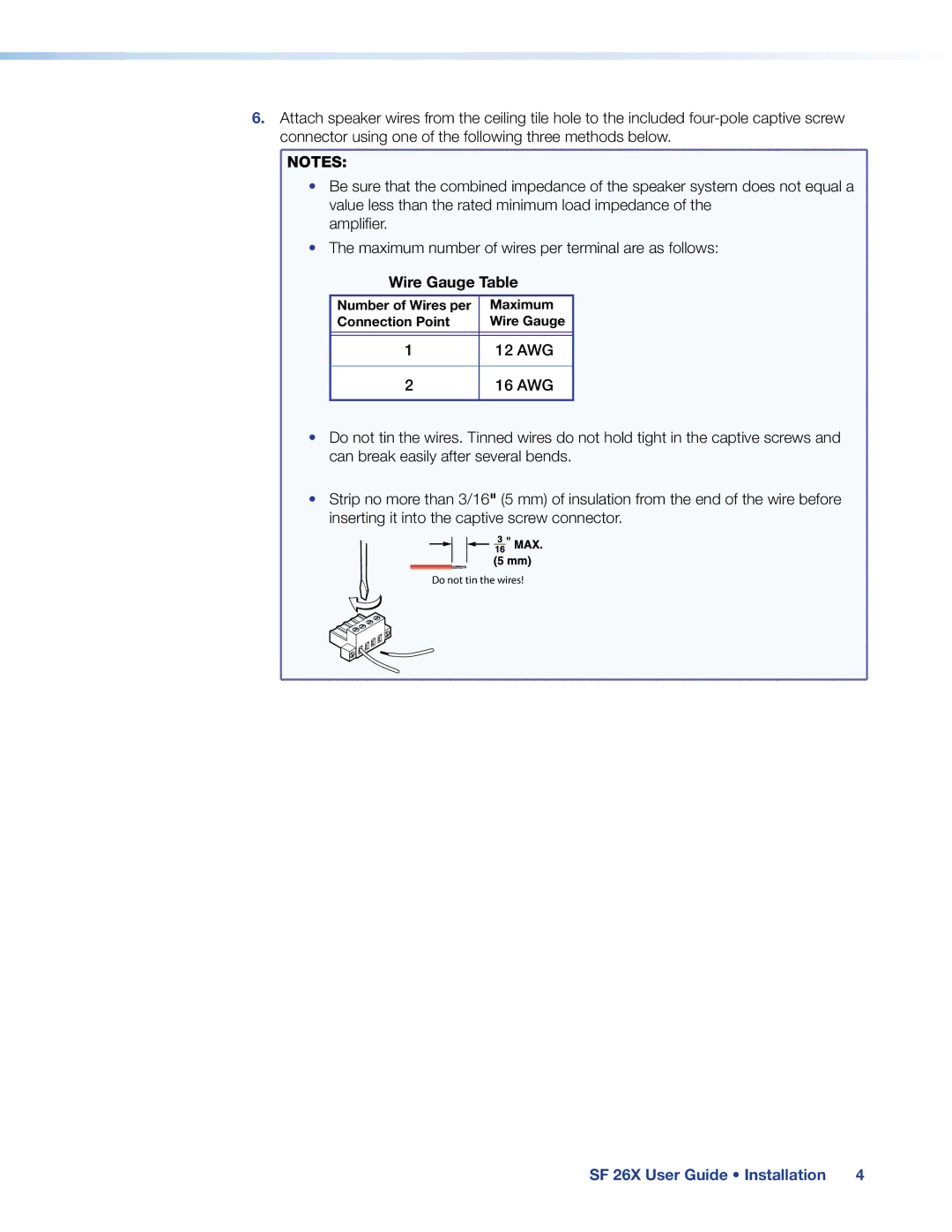 Extron electronic SF 26X manual Wire Gauge Table 
