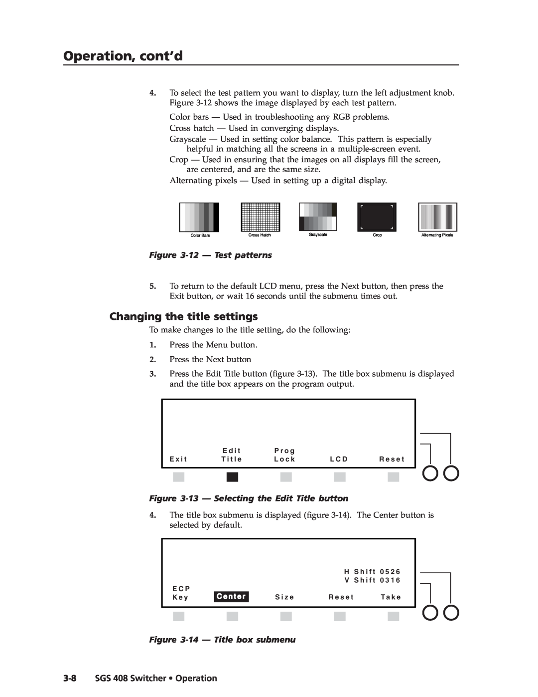 Extron electronic SGS 408 manual Changing the title settings, 12 - Test patterns, 13 - Selecting the Edit Title button 