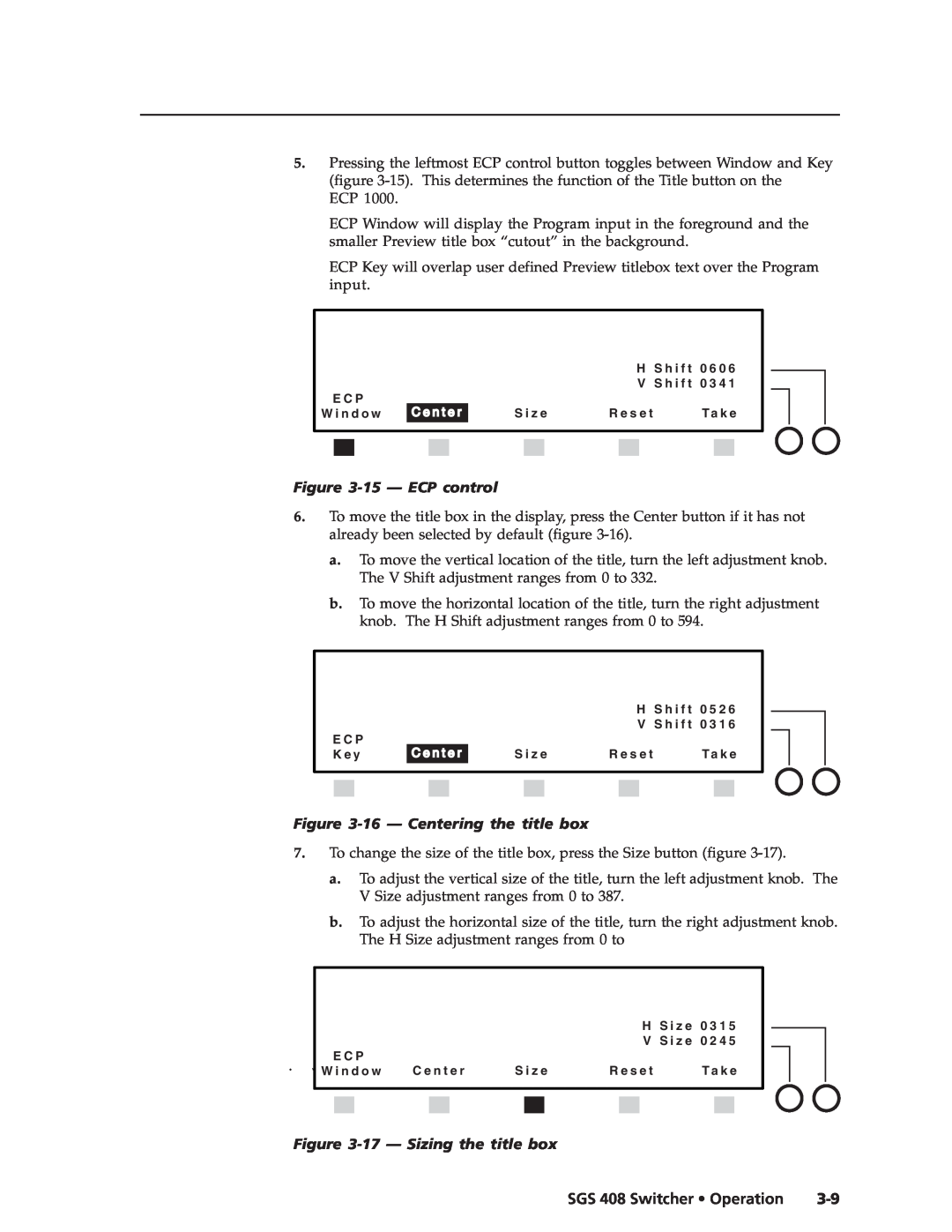 Extron electronic SGS 408 manual 15 - ECP control, 16 - Centering the title box, 17 - Sizing the title box 