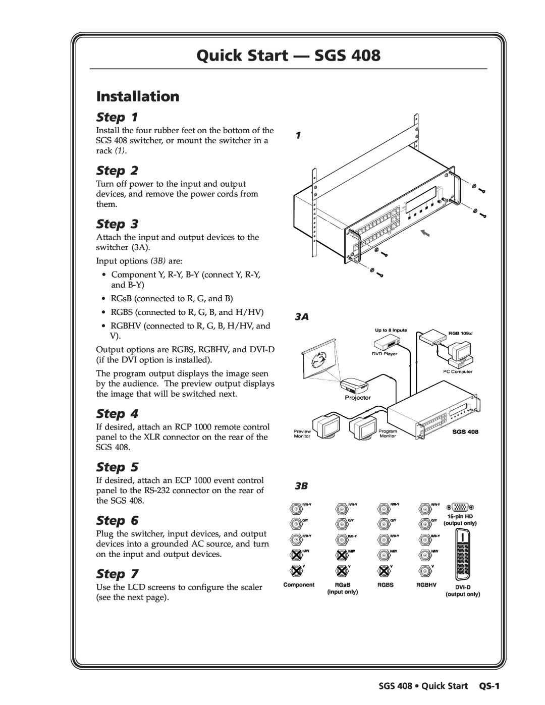 Extron electronic manual Quick Start - SGS, Installation, SGS 408 Quick Start QS-1, Step 