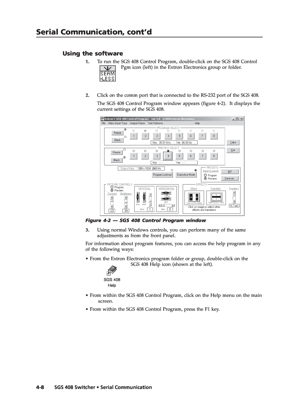 Extron electronic manual Using the software, 2 - SGS 408 Control Program window, SGS 408 Switcher Serial Communication 
