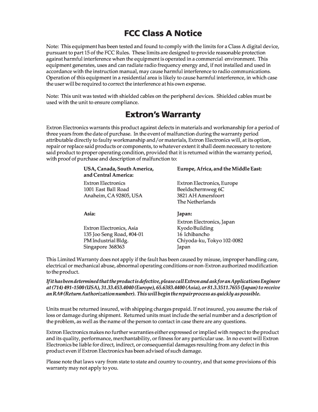 Extron electronic SGS 408 FCC Class A Notice, Extron’s Warranty, USA, Canada, South America, and Central America, Asia 