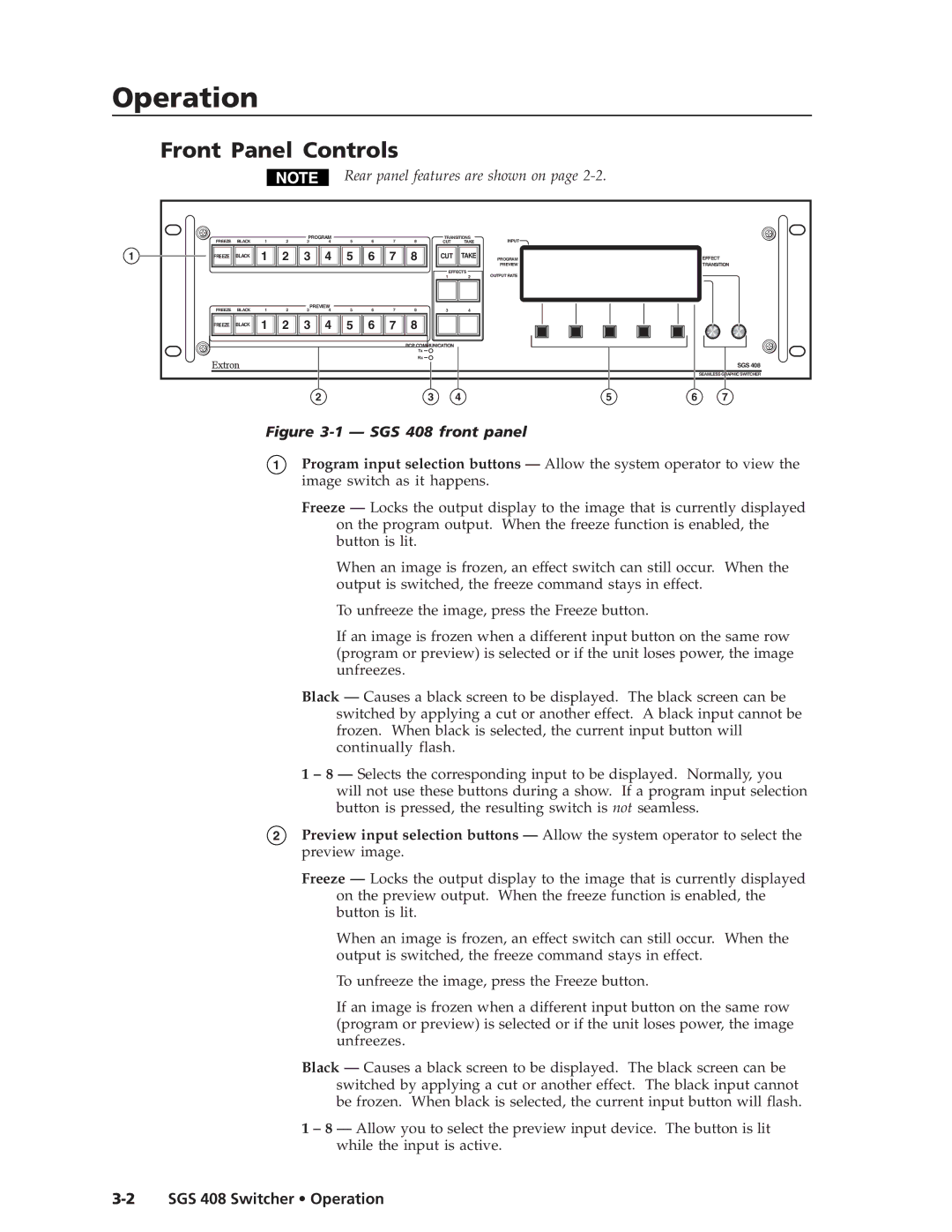 Extron electronic manual Operationeration, cont’d, Front Panel Controls, SGS 408 Switcher Operation 