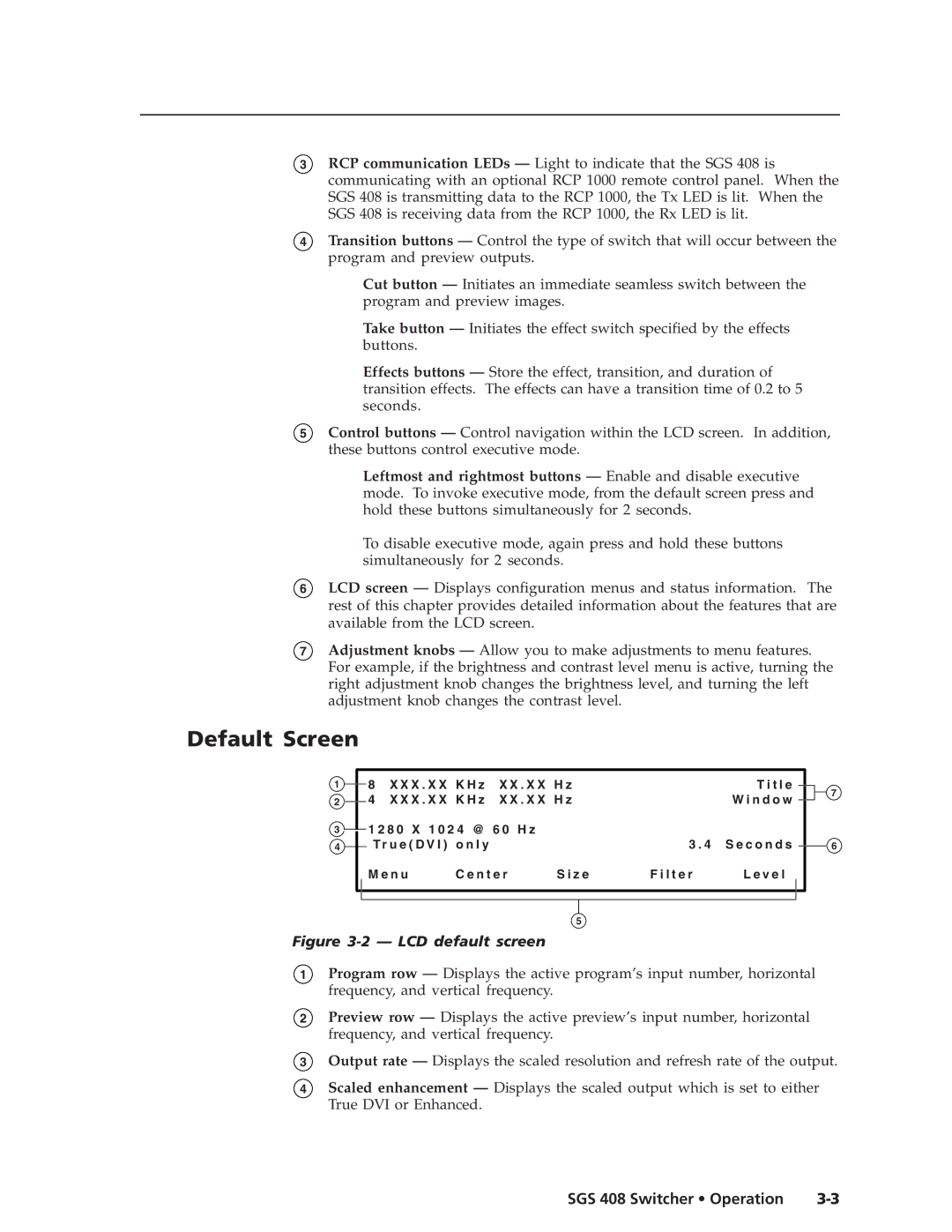 Extron electronic SGS 408 manual Default Screen, LCD default screen 