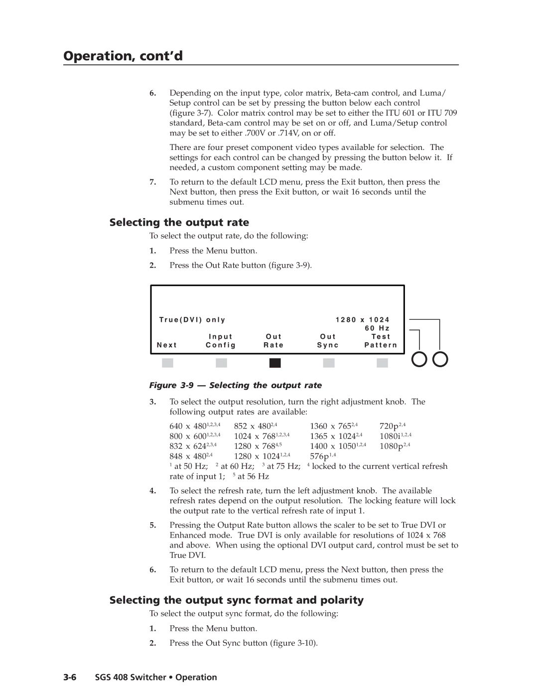 Extron electronic SGS 408 manual Selecting the output rate, Selecting the output sync format and polarity 