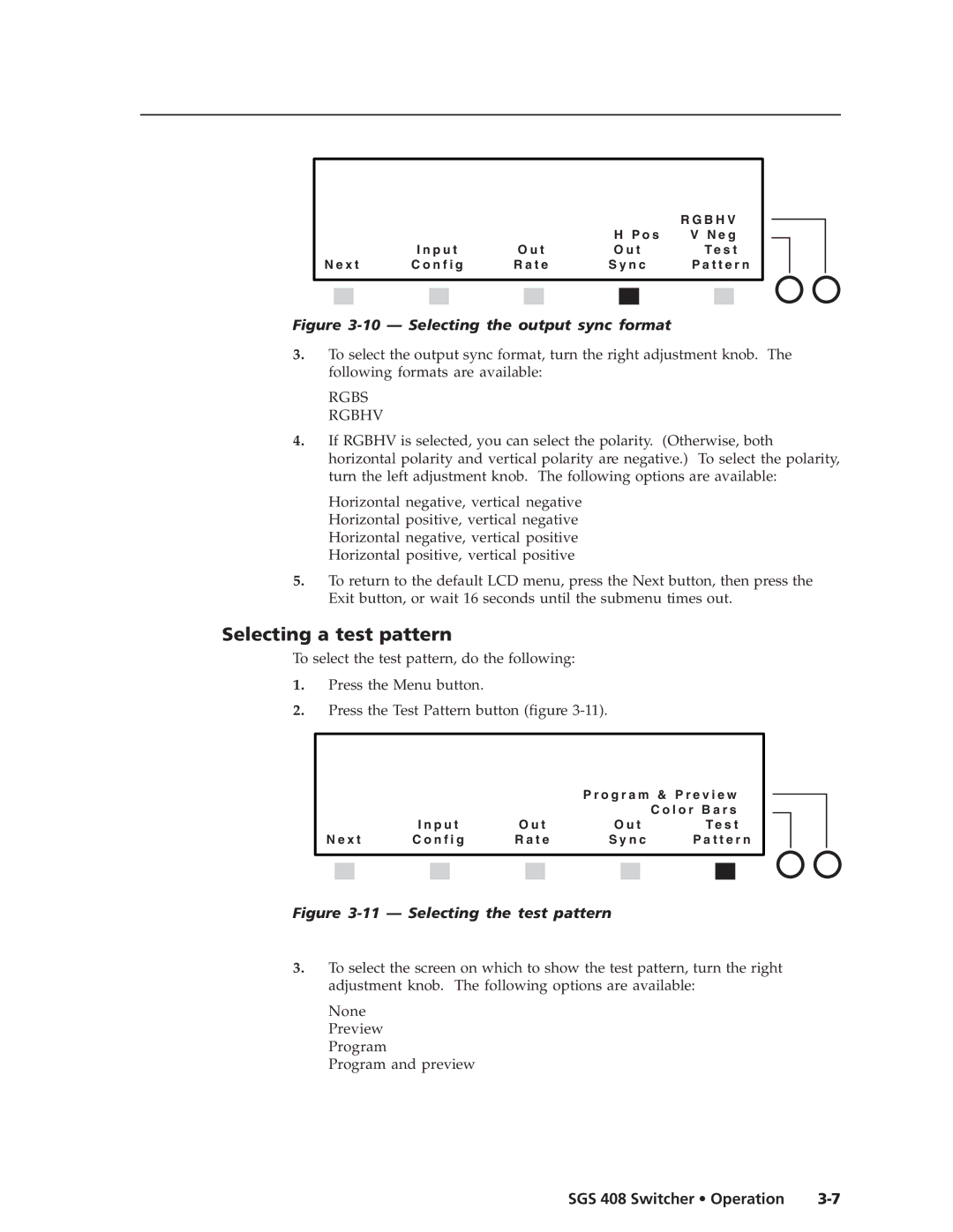 Extron electronic SGS 408 manual Selecting a test pattern, Rgbs Rgbhv 