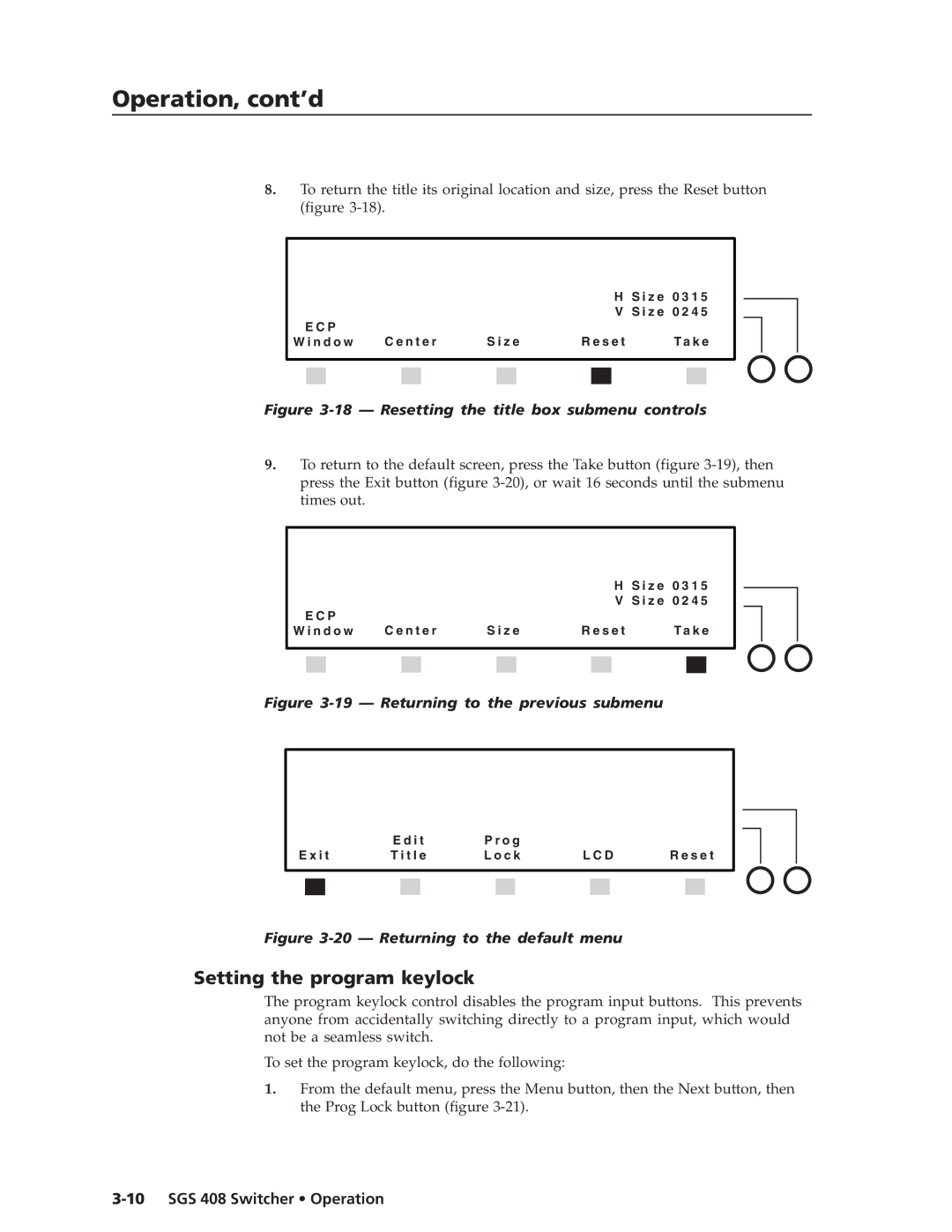 Extron electronic SGS 408 manual Setting the program keylock, Resetting the title box submenu controls 