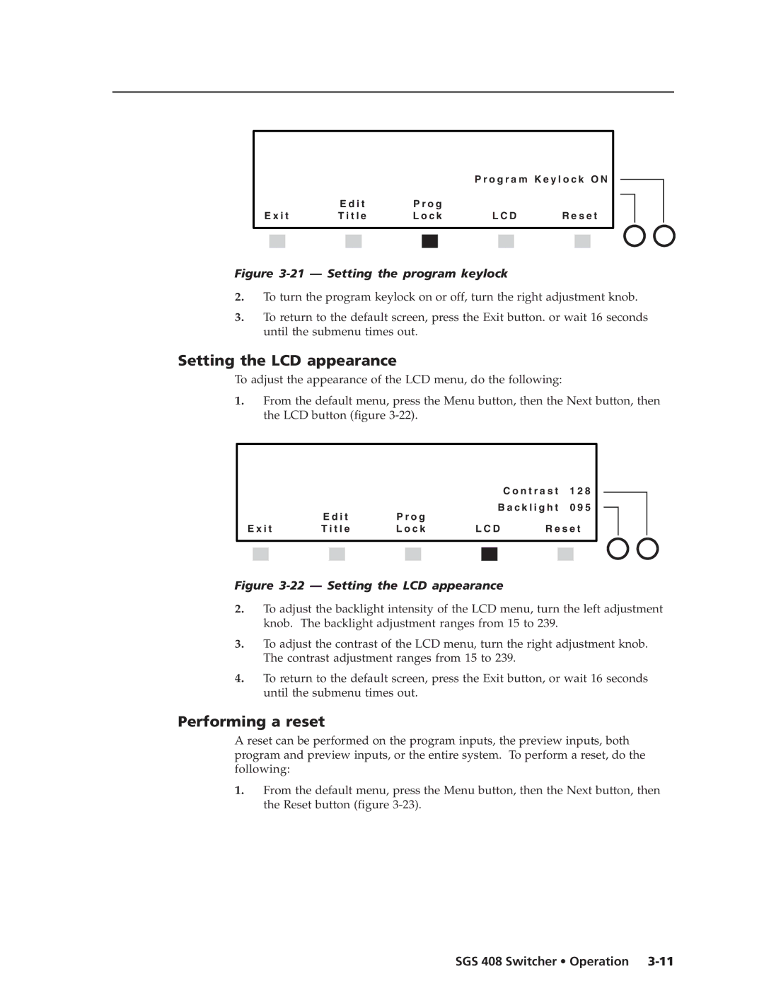 Extron electronic SGS 408 manual Setting the LCD appearance, Performing a reset 