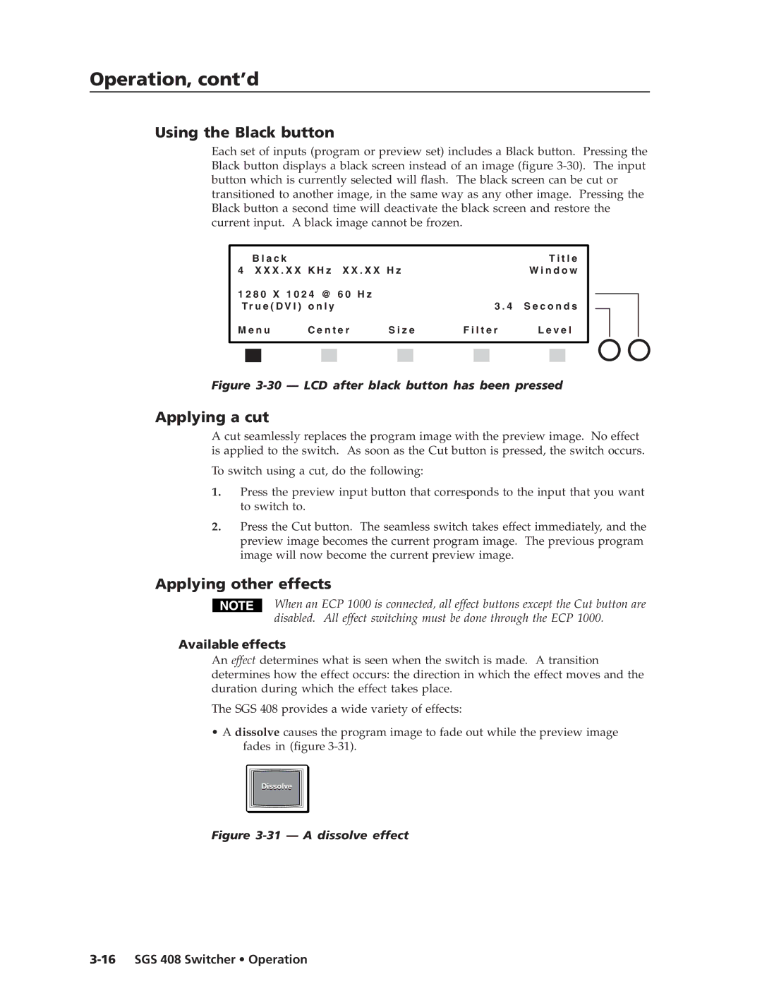 Extron electronic SGS 408 manual Using the Black button, Applying a cut, Applying other effects, Available effects 