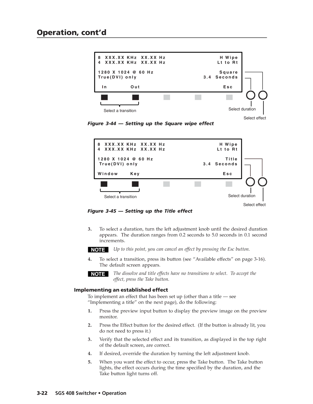 Extron electronic SGS 408 manual Setting up the Square wipe effect, Implementing an established effect 