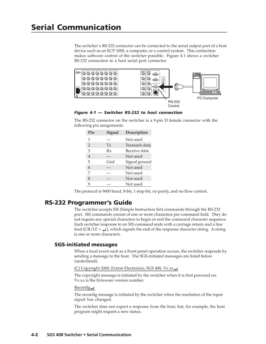 Extron electronic SGS 408 manual SerialCommunicationunication, c t’d, RS-232 Programmer’s Guide, SGS-initiated messages 