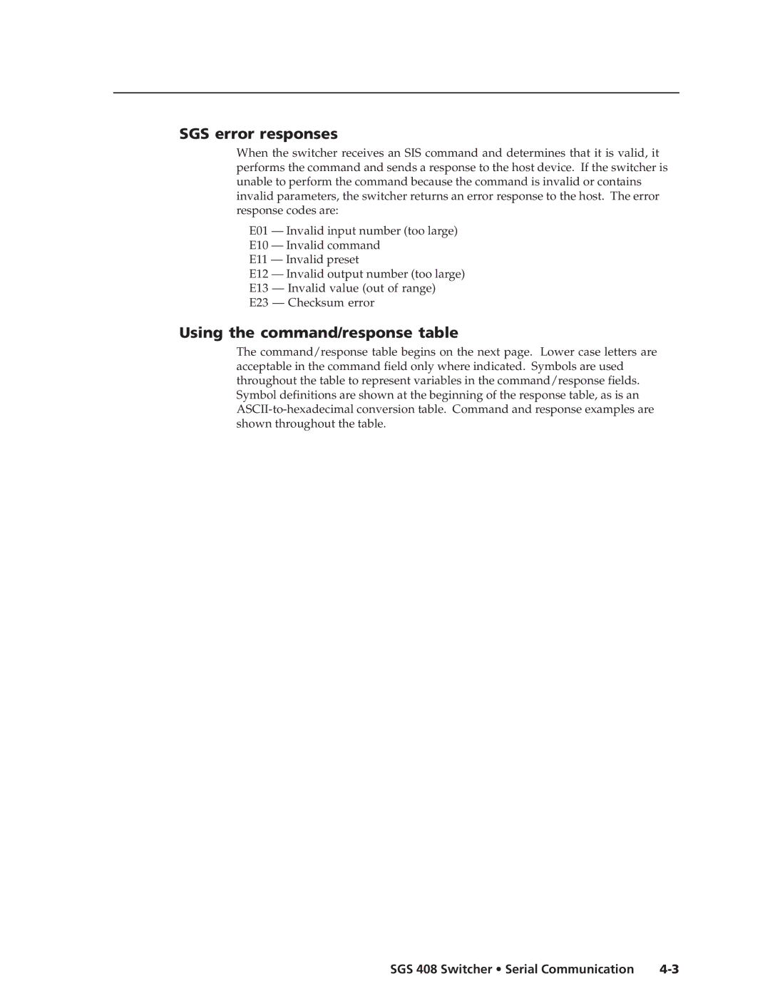 Extron electronic SGS 408 manual SGS error responses, Using the command/response table 